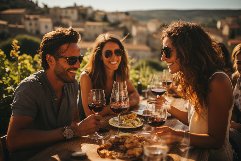 Friends enjoying wine over lunch while wine traveling and saving wine labels